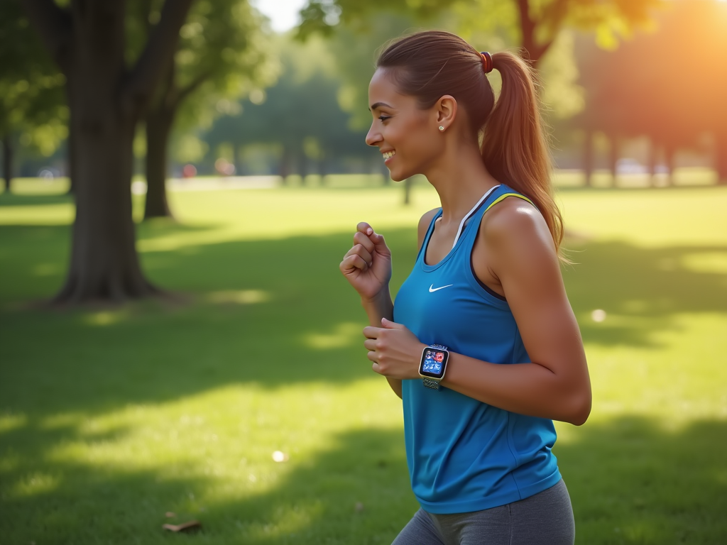 Woman in blue top jogging in sunny park, wearing a smartwatch.