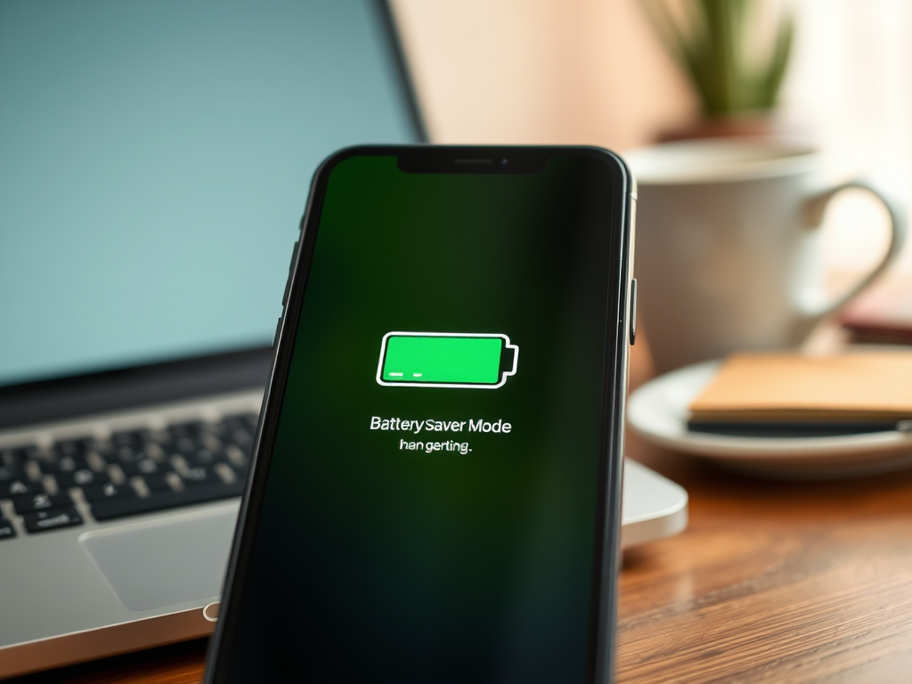 A smartphone displaying "Battery Saver Mode" with a low battery icon, set on a wooden desk near a laptop and cup.