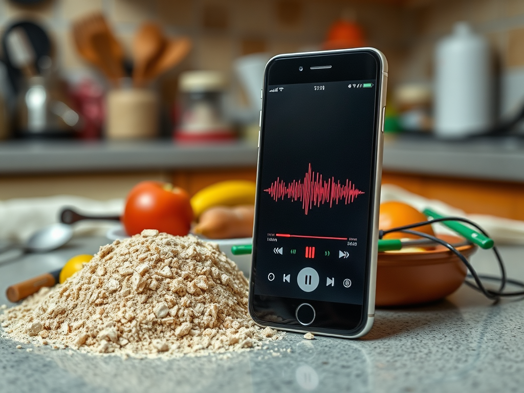 A smartphone playing music rests on a kitchen counter beside a pile of flour and fresh fruits.