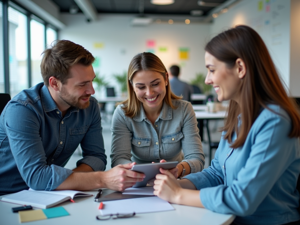 Three coworkers smiling and discussing over a tablet in a bright office space.