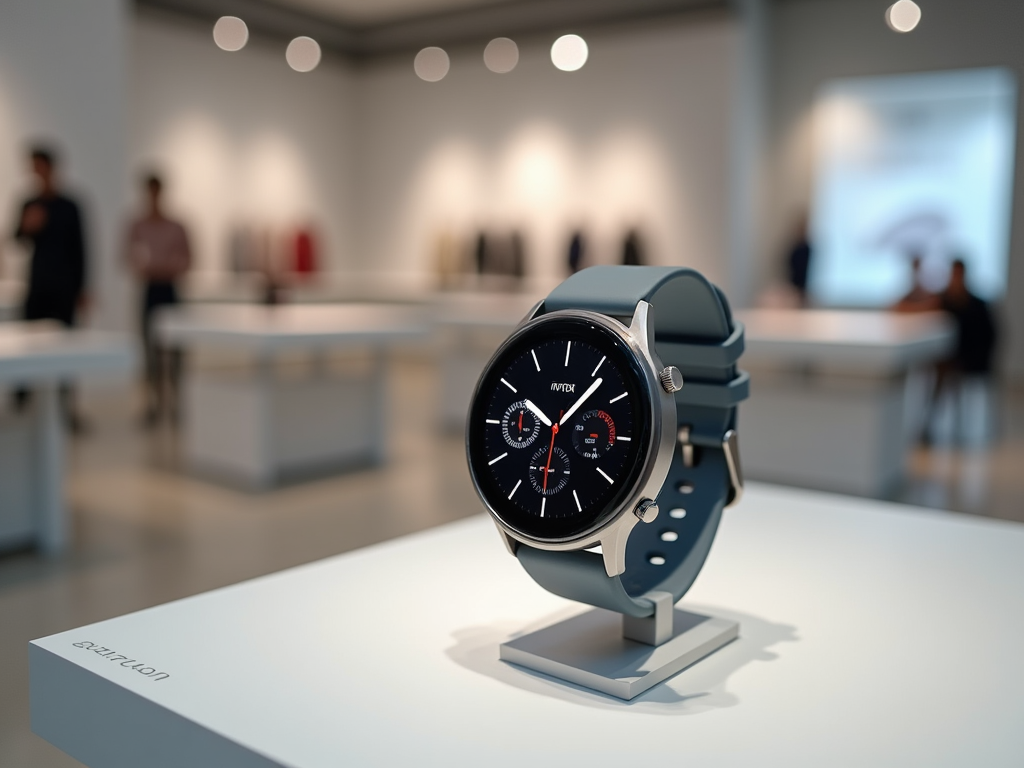 Luxury watch displayed prominently in a modern, well-lit gallery setting with blurred visitors in background.