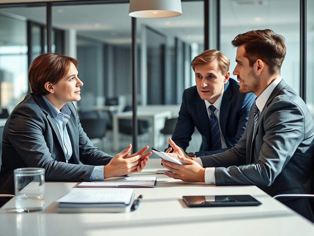 Three professionals in suits engage in a serious discussion around a table in a modern office setting.