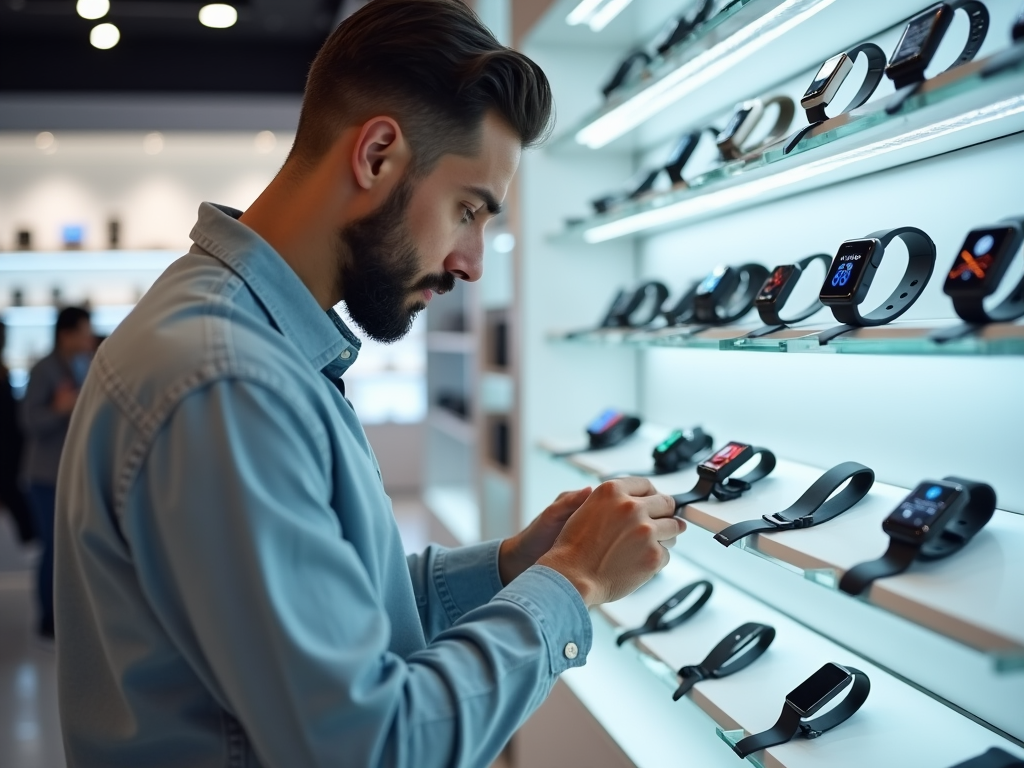 Man examining smart watches in a modern electronic store display.