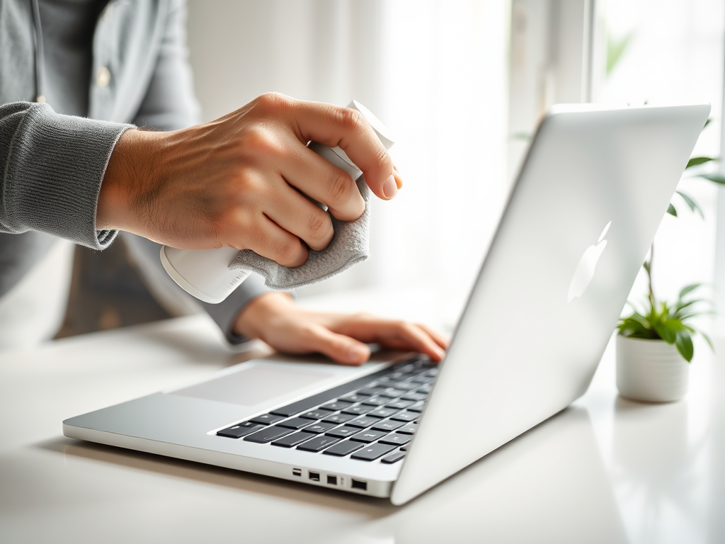 A person cleans a laptop with a cloth, holding a cleaning spray in their other hand, on a bright workspace.