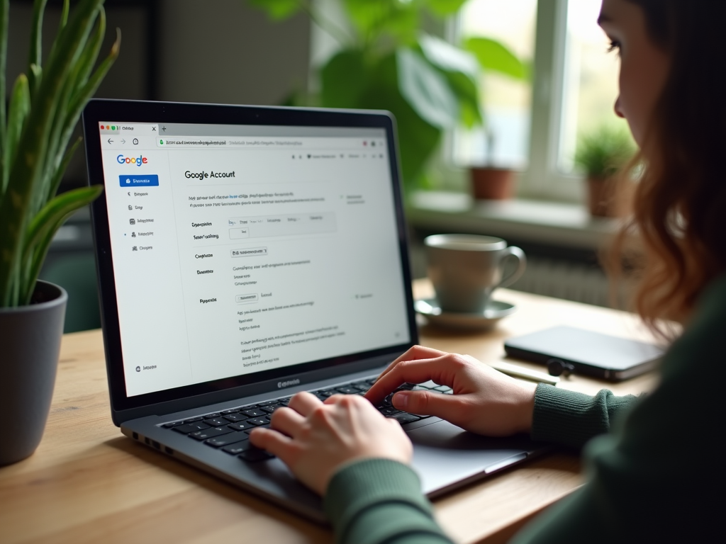 Woman using laptop to access Google Account settings, with a cup and plant beside her.