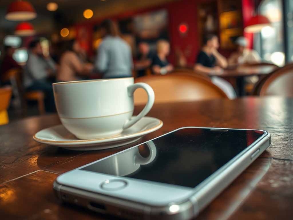 A cup on a saucer beside a smartphone, with a blurred café setting in the background.